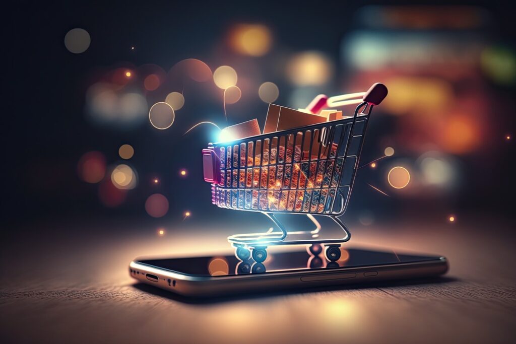 shopping cart with products displaying on top of a phonescreen