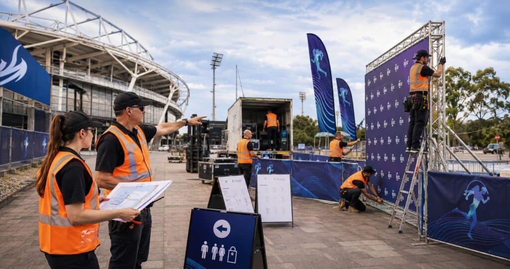 a crew working on an event bump-in