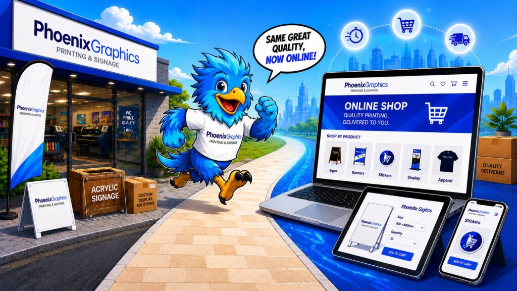 Nix, our Phoenix Graphics brand mascot, venturing to our online shop